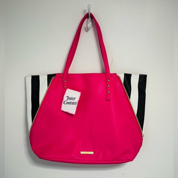 Juicy Couture Handbags - Juicy Couture Super Cute Hot Pink Black & White Side Striped Tote Bag!!! NWT!!